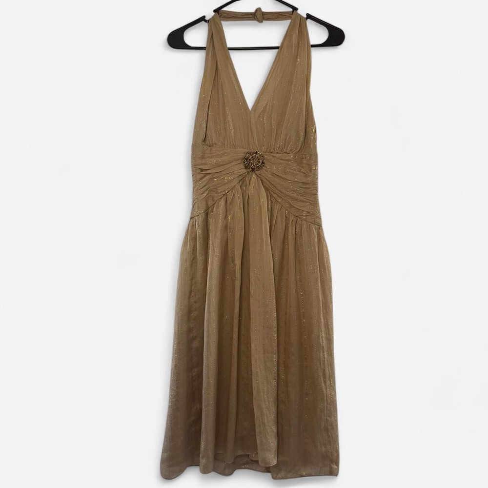 Maggy London Gold Silk Metallic Halter Cocktail Dress 6 Champagne Vintage Style